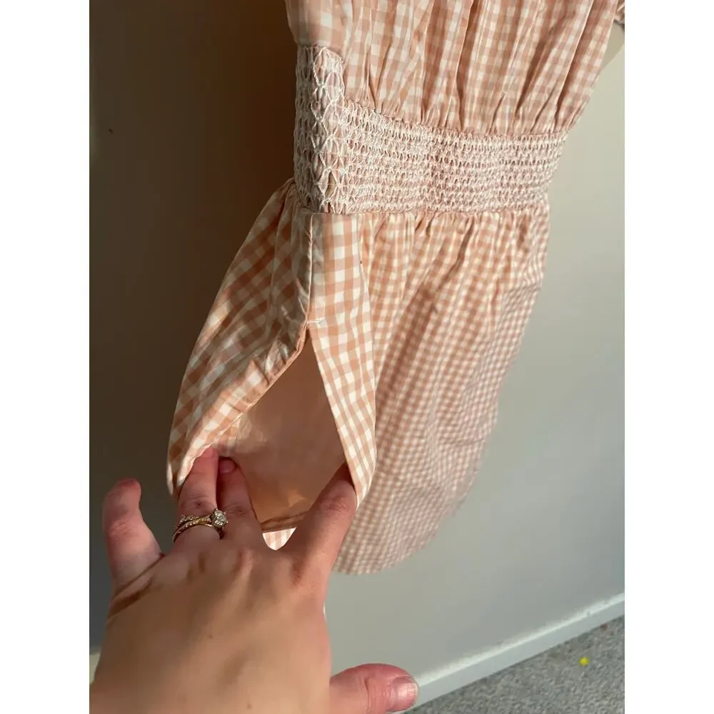 J. Crew Smocked‎ Puff-Sleeve Cotton Poplin Gingham Dress Size Medium